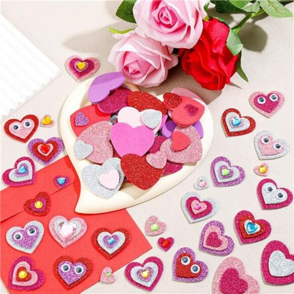 864 Pcs Valentines Stickers Foam Heart Stickers Self Adhesive Glitter Heart Shap - Picture 3 of 8